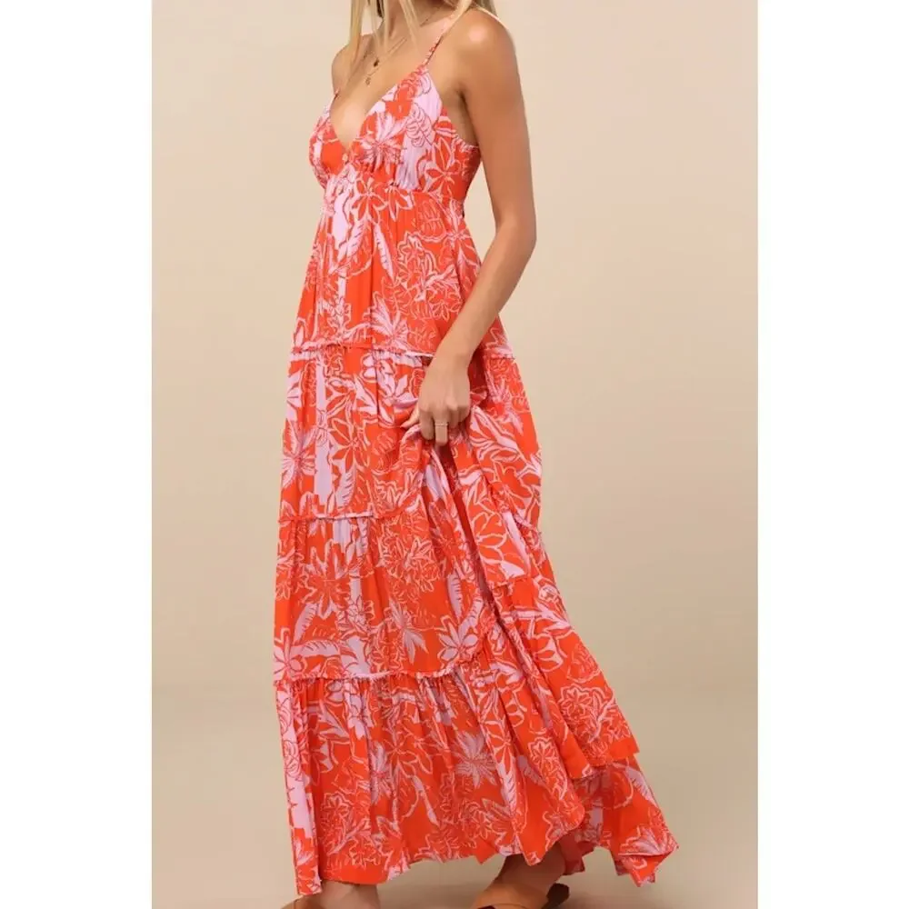 NWT Roxy Warm Rays Coral Tropical Print Tiered Tie-Back Maxi Dress M - Picture 4 of 5